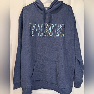 PINK Victoria’s Secret Hoodie XL Blue Graphic Logo Pullover Cozy Sweatshirt